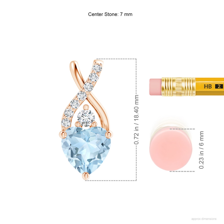 7mm AA Solitaire Heart Aquamarine Pendant with Twisted Diamond Bale in Rose Gold ruler