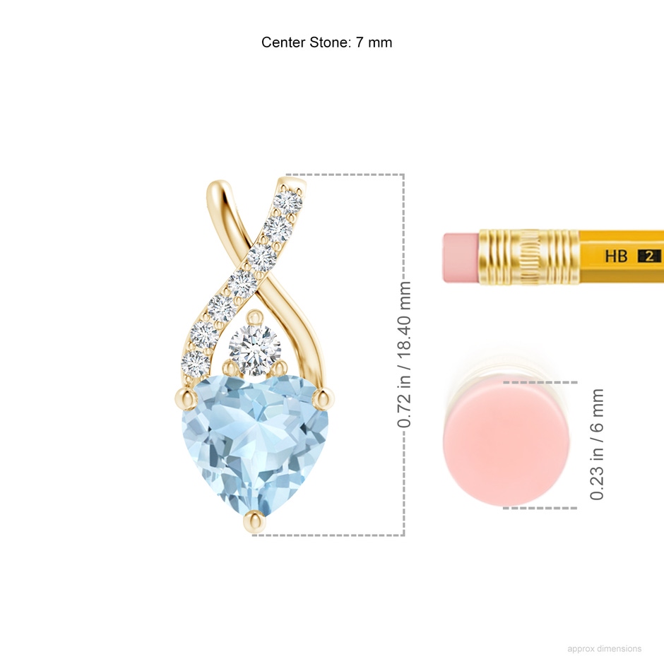 7mm AA Solitaire Heart Aquamarine Pendant with Twisted Diamond Bale in Yellow Gold ruler