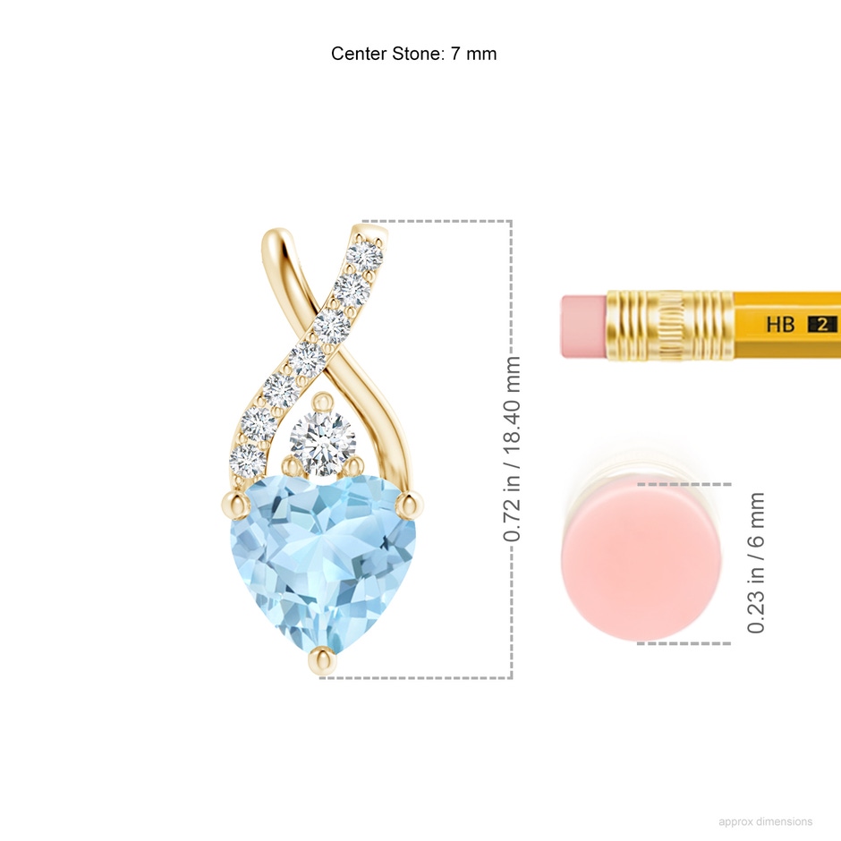 7mm AAA Solitaire Heart Aquamarine Pendant with Twisted Diamond Bale in Yellow Gold ruler