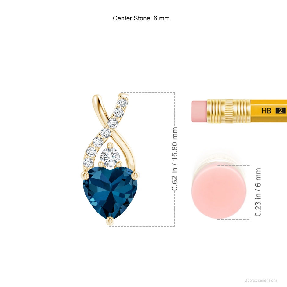 6mm AAA Solitaire Heart London Blue Topaz Pendant with Twisted Diamond Bale in Yellow Gold ruler