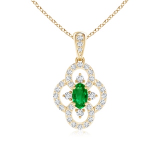 5x3mm AAAA Vintage Style Emerald and Diamond Clover Pendant in Yellow Gold