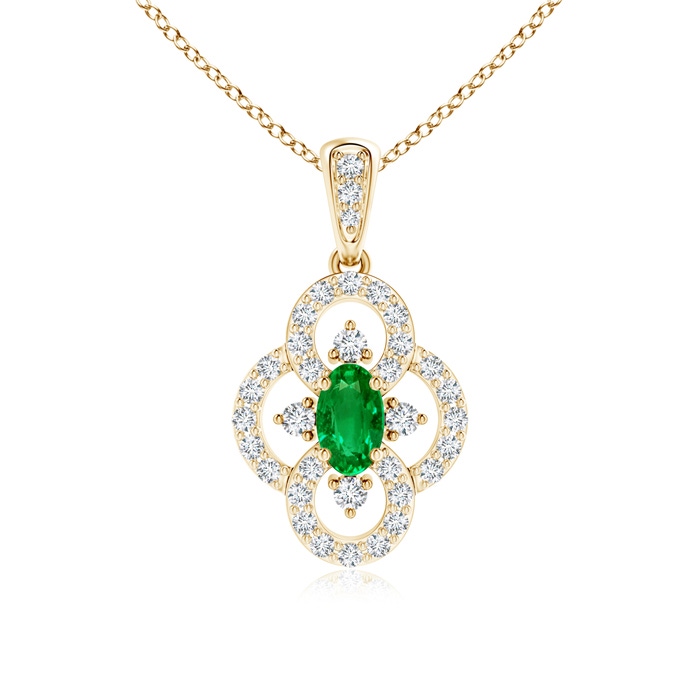5x3mm AAAA Vintage Style Emerald and Diamond Clover Pendant in Yellow Gold 