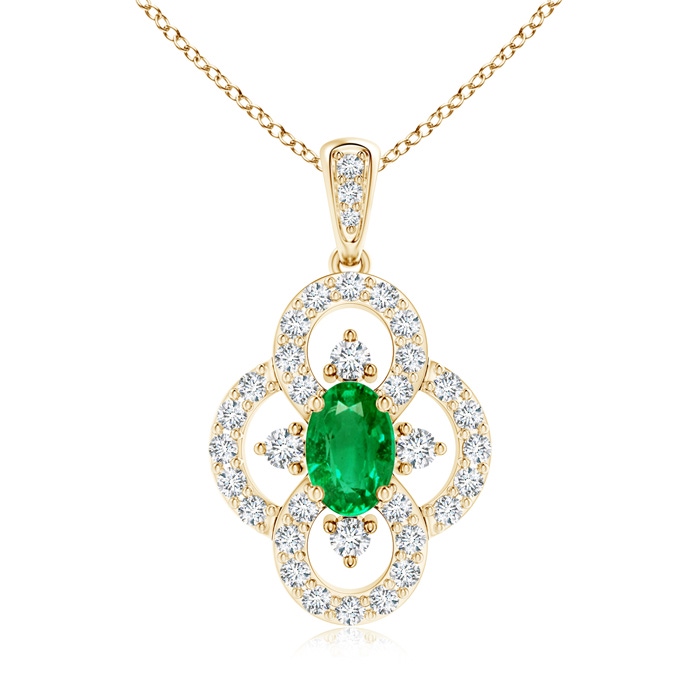 6x4mm AAA Vintage Style Emerald and Diamond Clover Pendant in Yellow Gold