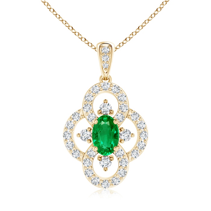 6x4mm AAA Vintage Style Emerald and Diamond Clover Pendant in Yellow Gold 