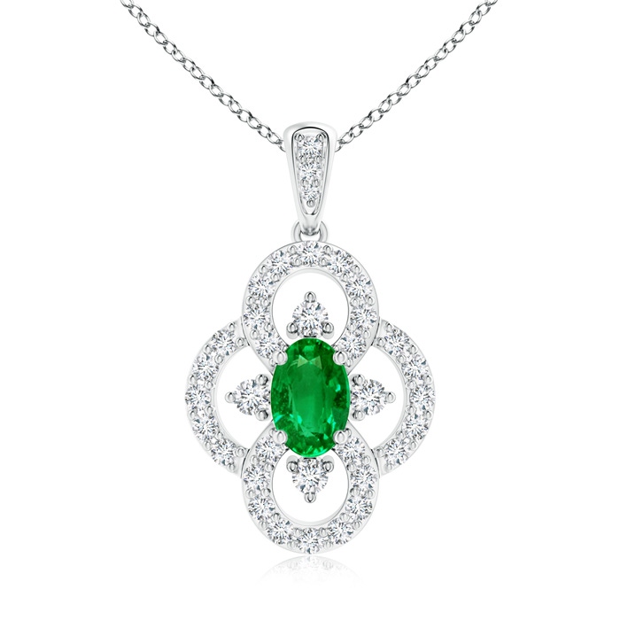 6x4mm AAAA Vintage Style Emerald and Diamond Clover Pendant in White Gold 