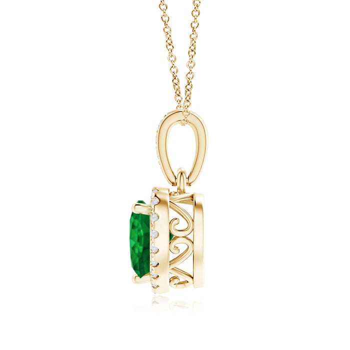 6mm AAA Heart Emerald Pendant with Diamond Halo in Yellow Gold - side 1