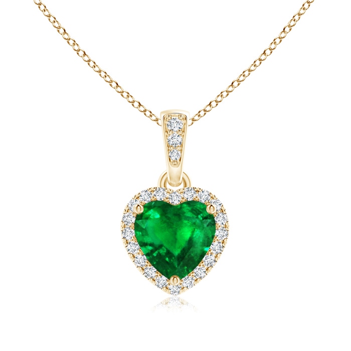 6mm AAAA Heart Emerald Pendant with Diamond Halo in Yellow Gold