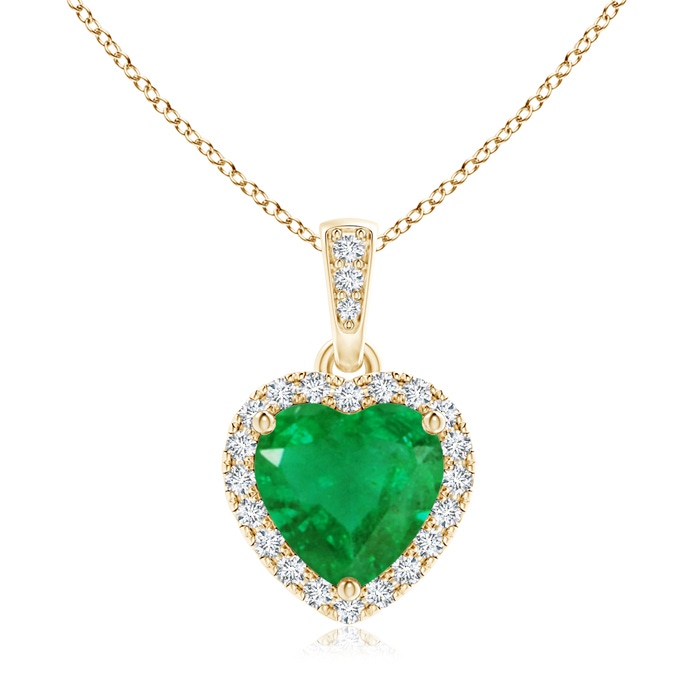 7mm AA Heart Emerald Pendant with Diamond Halo in Yellow Gold 