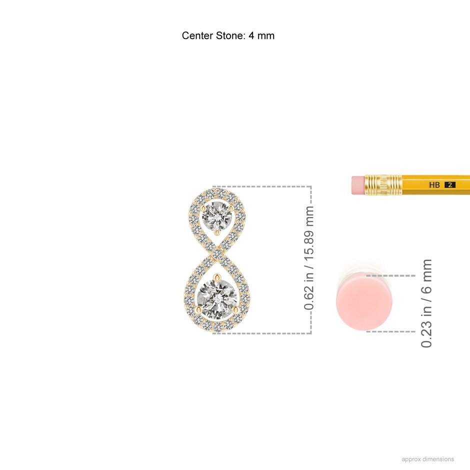 4mm KI3 Prong-Set Double Diamond Infinity Pendant in Yellow Gold ruler
