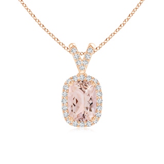 7x5mm AAA Cushion Morganite Halo V-Bale Pendant with Diamonds in Rose Gold