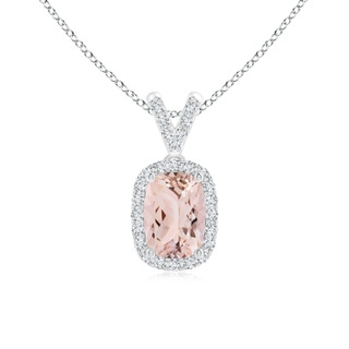 7x5mm AAA Cushion Morganite Halo V-Bale Pendant with Diamonds in White Gold