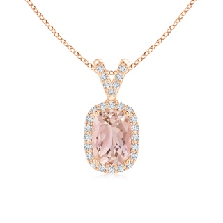 7x5mm AAAA Cushion Morganite Halo V-Bale Pendant with Diamonds in 9K Rose Gold