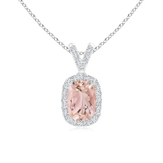 7x5mm AAAA Cushion Morganite Halo V-Bale Pendant with Diamonds in White Gold