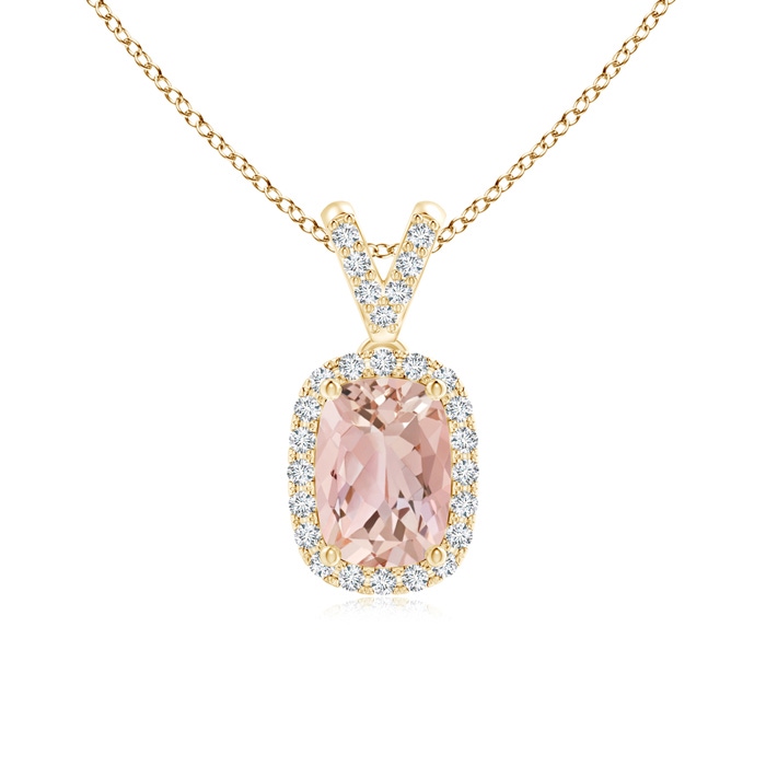 7x5mm AAAA Cushion Morganite Halo V-Bale Pendant with Diamonds in Yellow Gold