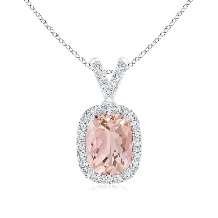 8x6mm AAAA Cushion Morganite Halo V-Bale Pendant with Diamonds in White Gold 