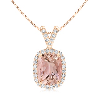 9x7mm AAAA Cushion Morganite Halo V-Bale Pendant with Diamonds in Rose Gold