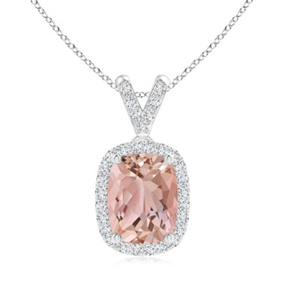 9x7mm AAAA Cushion Morganite Halo V-Bale Pendant with Diamonds in White Gold