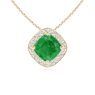 5mm A Sideways Cushion Emerald Halo Pendant with Diamonds in Yellow Gold