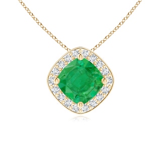 5mm AA Sideways Cushion Emerald Halo Pendant with Diamonds in 9K Yellow Gold