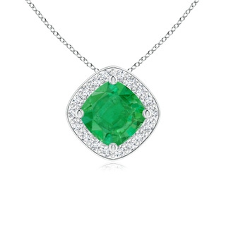 5mm AA Sideways Cushion Emerald Halo Pendant with Diamonds in White Gold