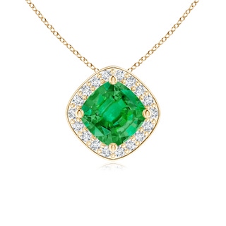 5mm AAA Sideways Cushion Emerald Halo Pendant with Diamonds in 10K Yellow Gold