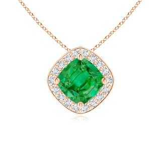 5mm AAA Sideways Cushion Emerald Halo Pendant with Diamonds in Rose Gold