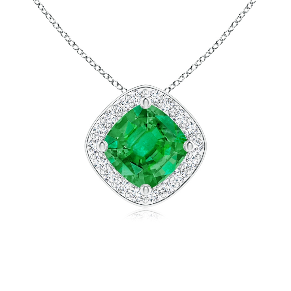 5mm AAA Sideways Cushion Emerald Halo Pendant with Diamonds in White Gold 