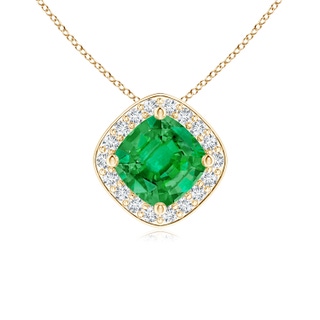 5mm AAA Sideways Cushion Emerald Halo Pendant with Diamonds in Yellow Gold