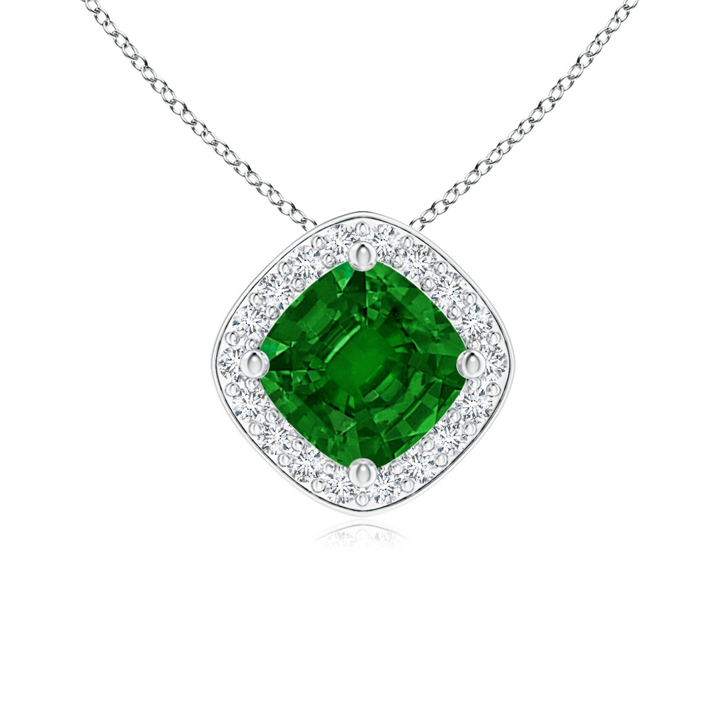 5mm Lab-Grown Sideways Cushion Emerald Halo Pendant with Diamonds in P950 Platinum