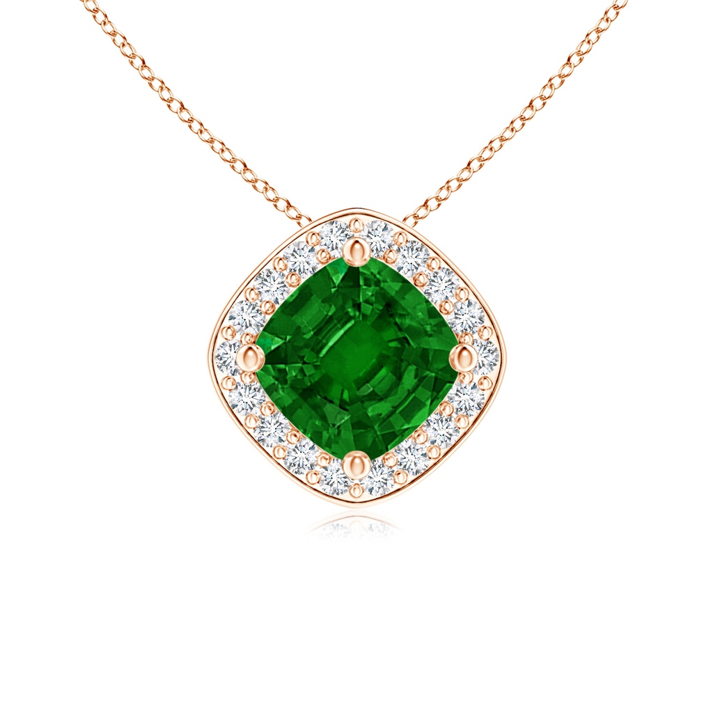 5mm Lab-Grown Sideways Cushion Emerald Halo Pendant with Diamonds in Rose Gold