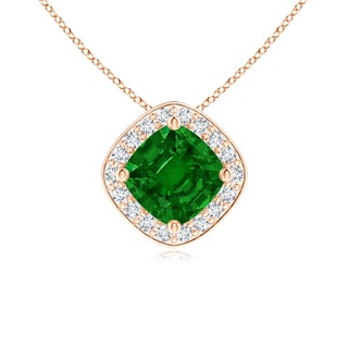 5mm AAAA Sideways Cushion Emerald Halo Pendant with Diamonds in Rose Gold