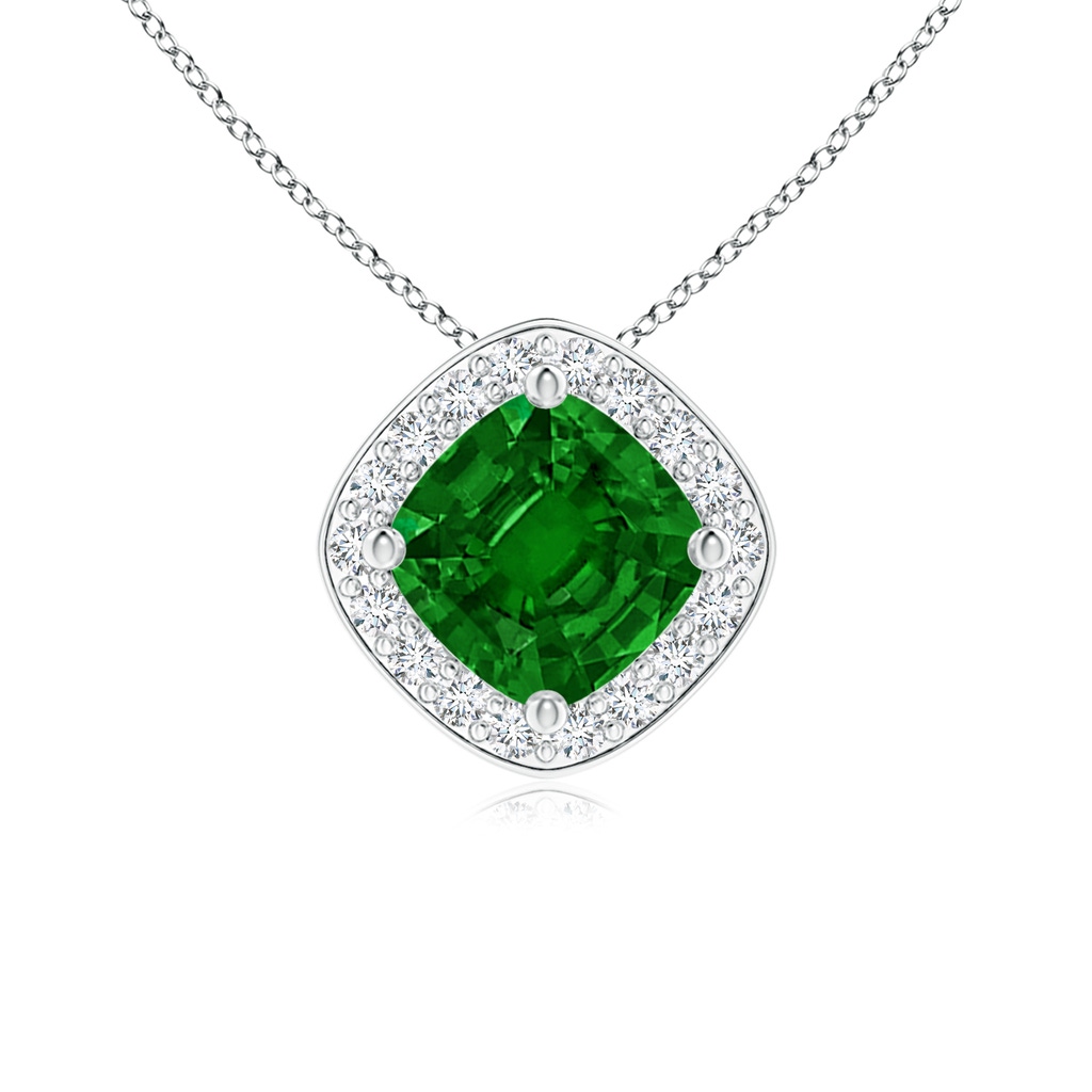 5mm AAAA Sideways Cushion Emerald Halo Pendant with Diamonds in White Gold