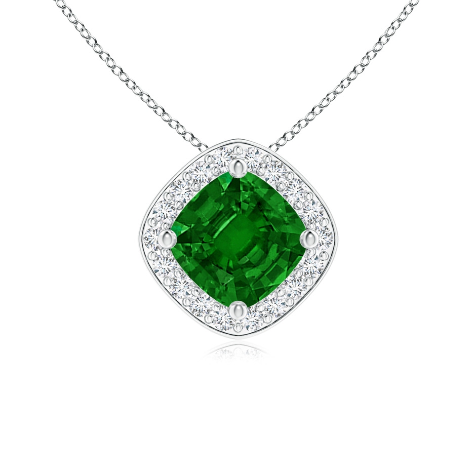 5mm Lab-Grown Sideways Cushion Emerald Halo Pendant with Diamonds in White Gold 