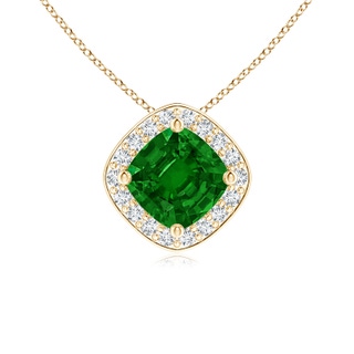 5mm AAAA Sideways Cushion Emerald Halo Pendant with Diamonds in Yellow Gold