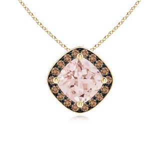 5mm AAA Sideways Cushion Morganite Halo Pendant with Coffee Diamonds in Yellow Gold