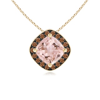 5mm AAAA Sideways Cushion Morganite Halo Pendant with Coffee Diamonds in Yellow Gold