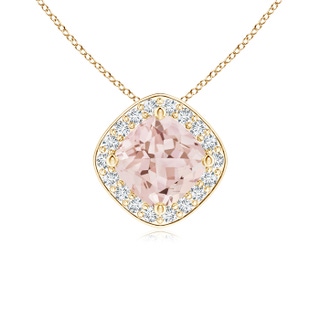 5mm AAA Sideways Cushion Morganite Halo Pendant with Diamonds in Yellow Gold