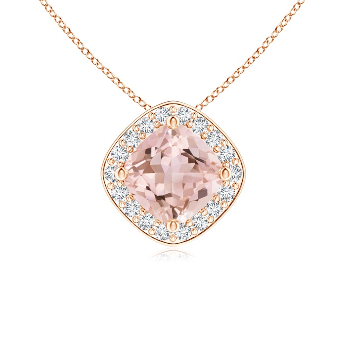 5mm AAAA Sideways Cushion Morganite Halo Pendant with Diamonds in Rose Gold