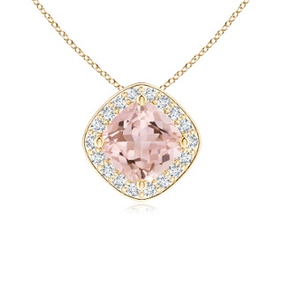 5mm AAAA Sideways Cushion Morganite Halo Pendant with Diamonds in Yellow Gold