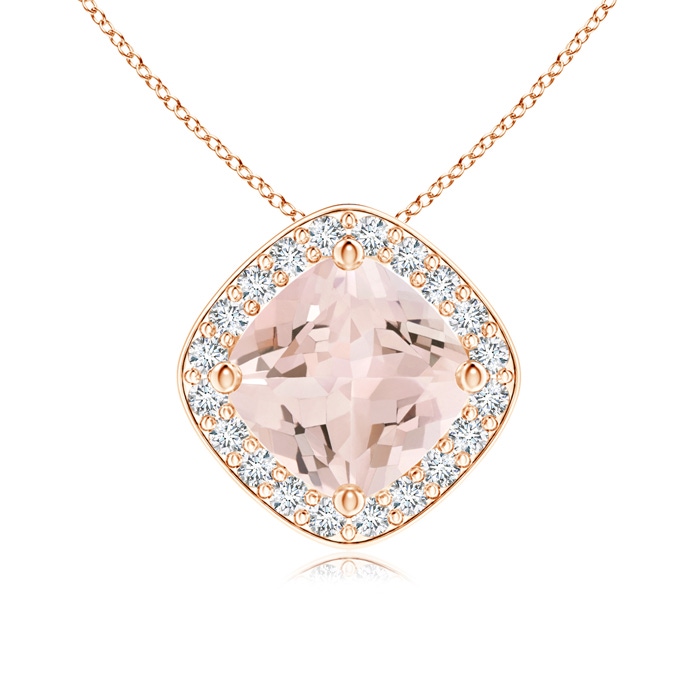 6mm AA Sideways Cushion Morganite Halo Pendant with Diamonds in Rose Gold 