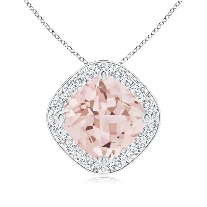 7mm AAA Sideways Cushion Morganite Halo Pendant with Diamonds in White Gold