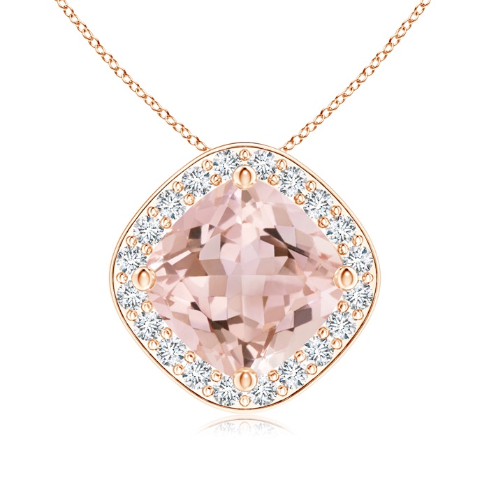 7mm AAAA Sideways Cushion Morganite Halo Pendant with Diamonds in Rose Gold 