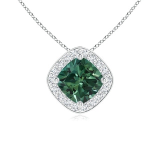 5mm AA Sideways Cushion Teal Montana Sapphire Halo Pendant with Diamonds in P950 Platinum