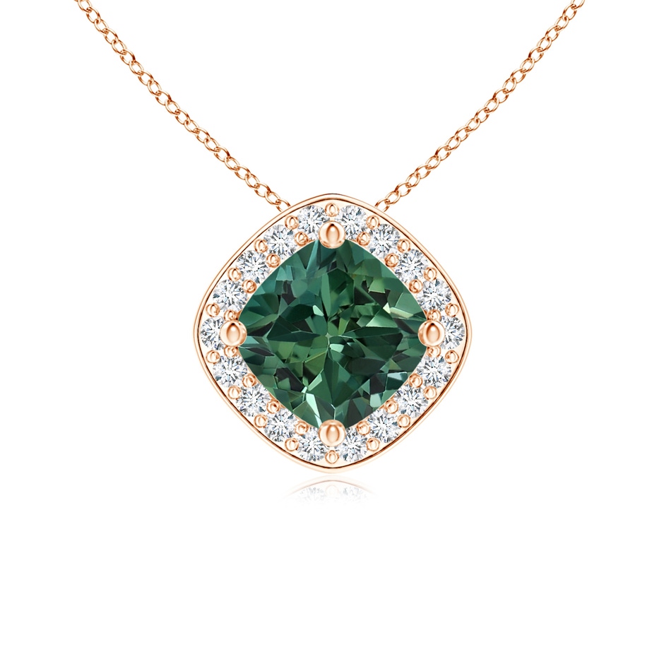 5mm AA Sideways Cushion Teal Montana Sapphire Halo Pendant with Diamonds in Rose Gold 