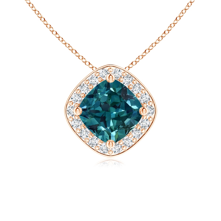 5mm AAA Sideways Cushion Teal Montana Sapphire Halo Pendant with Diamonds in Rose Gold 