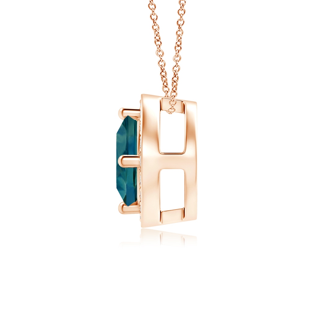 5mm AAA Sideways Cushion Teal Montana Sapphire Halo Pendant with Diamonds in Rose Gold - side 199