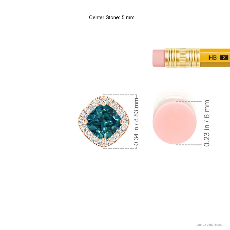 5mm AAA Sideways Cushion Teal Montana Sapphire Halo Pendant with Diamonds in Rose Gold ruler