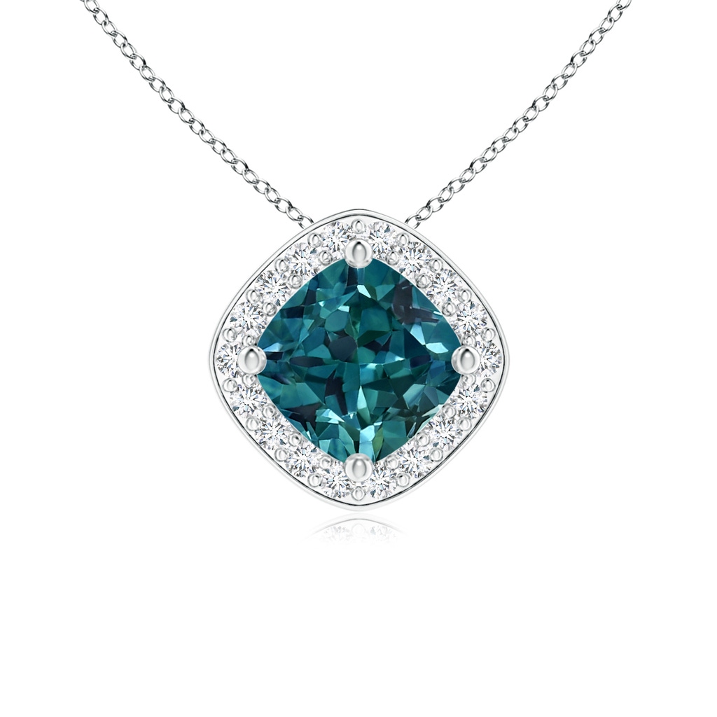 5mm AAA Sideways Cushion Teal Montana Sapphire Halo Pendant with Diamonds in White Gold