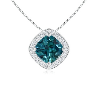 5mm AAA Sideways Cushion Teal Montana Sapphire Halo Pendant with Diamonds in White Gold
