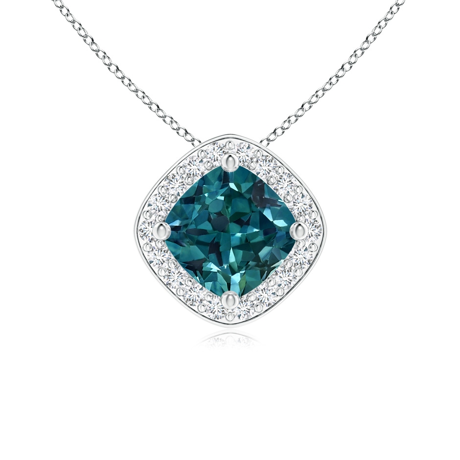 5mm AAA Sideways Cushion Teal Montana Sapphire Halo Pendant with Diamonds in White Gold 